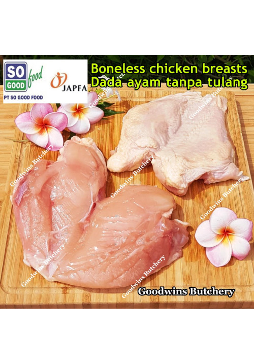 Chicken boneless-fillet skin-on BREASTS ayam broiler dada frozen SoGood Food (price/pack 600gr 2pcs)